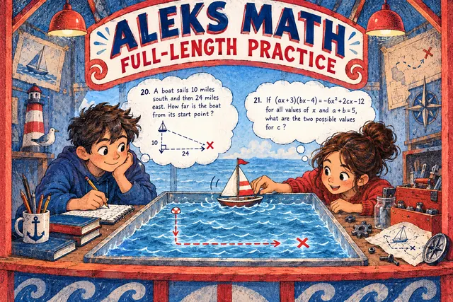 ALEKS MATH FULL-LENGTH PRACTICE — original handwritten comic illustration.
