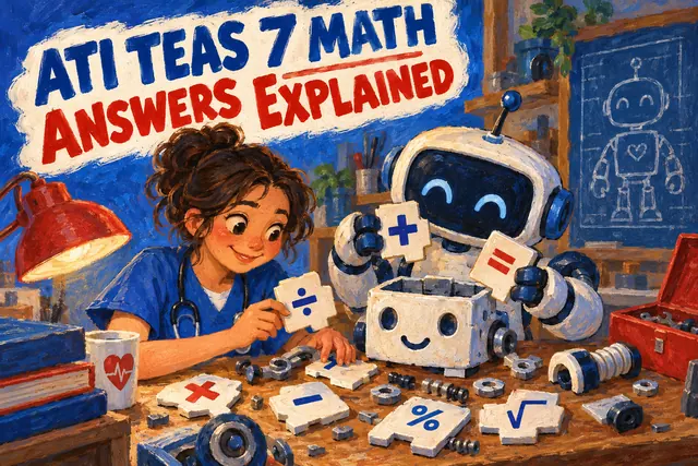 ATI TEAS 7 MATH ANSWERS EXPLAINED — original handwritten comic illustration.