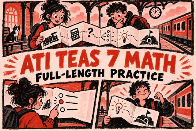 ATI TEAS 7 MATH FULL-LENGTH PRACTICE — original handwritten comic illustration.