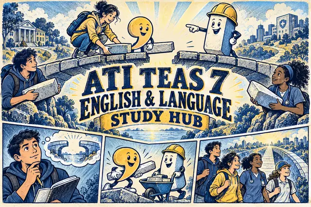 ATI TEAS 7 ENGLISH & LANGUAGE STUDY HUB — original handwritten comic illustration.