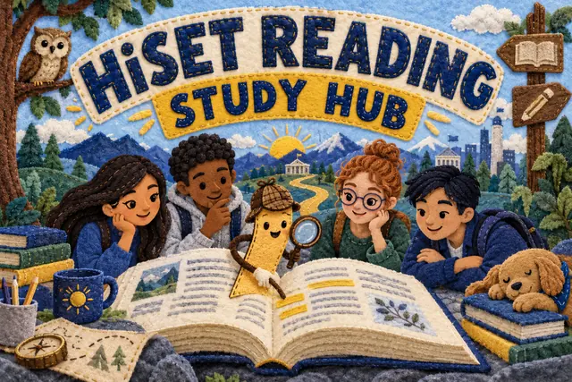HiSET READING STUDY HUB — original handwritten comic illustration.