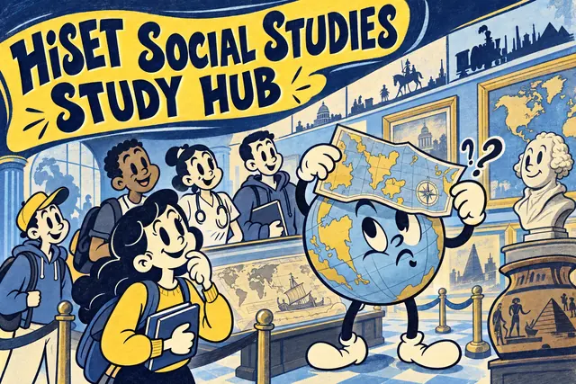 HiSET SOCIAL STUDIES STUDY HUB — original handwritten comic illustration.