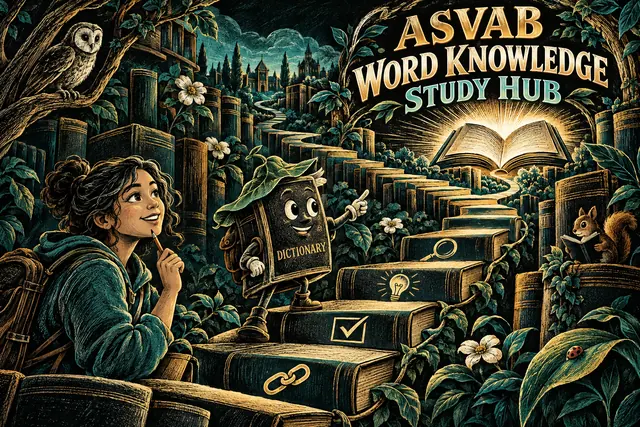 ASVAB WORD KNOWLEDGE STUDY HUB — original handwritten comic illustration.