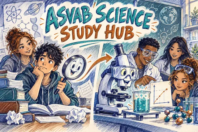 ASVAB SCIENCE STUDY HUB — original handwritten comic illustration.