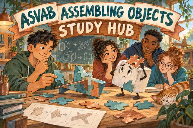 ASVAB ASSEMBLING OBJECTS STUDY HUB — original handwritten comic illustration.