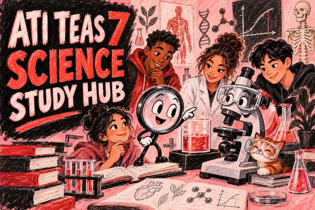ATI TEAS 7 SCIENCE STUDY HUB — original handwritten comic illustration.