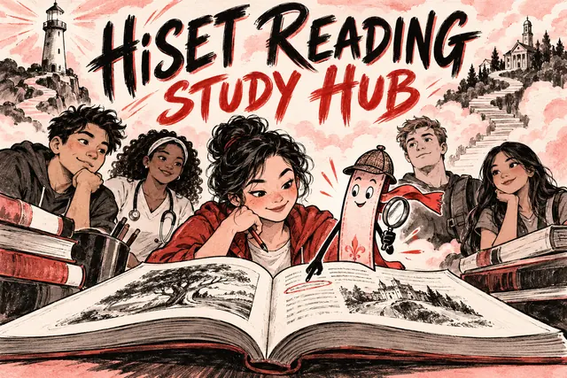 HiSET READING STUDY HUB — original handwritten comic illustration.