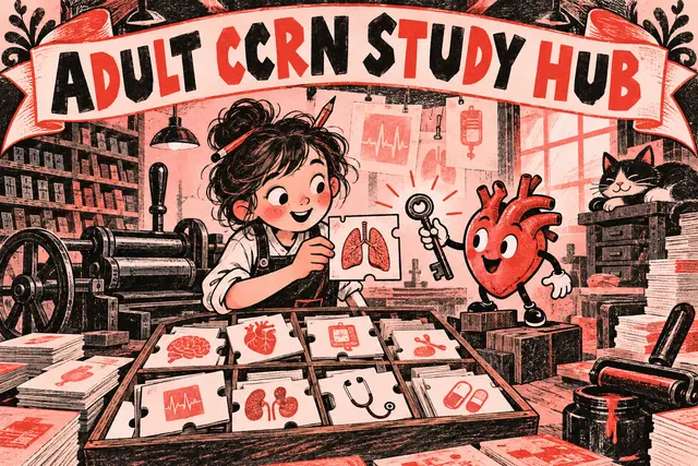 ADULT CCRN STUDY HUB — original handwritten comic illustration.