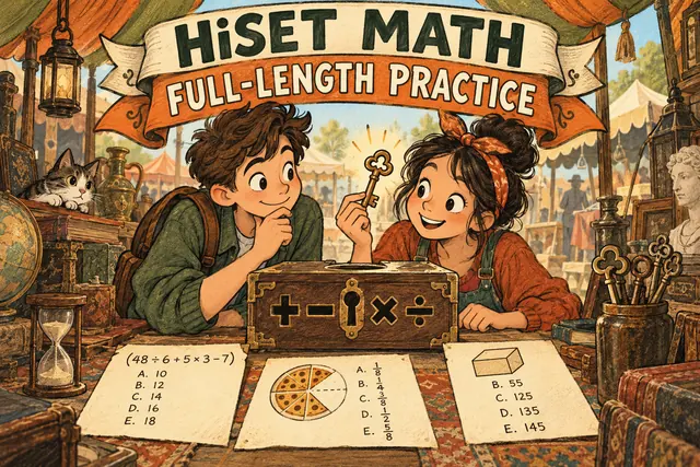 HiSET MATH FULL-LENGTH PRACTICE — original handwritten comic illustration.