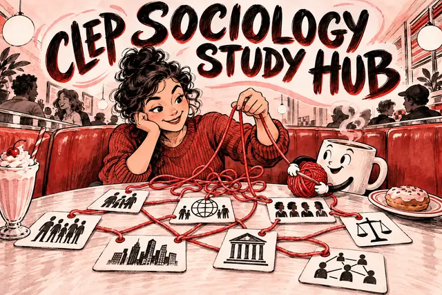 CLEP SOCIOLOGY STUDY HUB — original handwritten comic illustration.