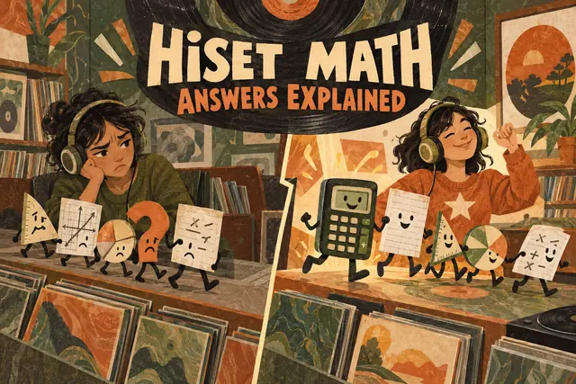 HiSET MATH ANSWERS EXPLAINED — original handwritten comic illustration.