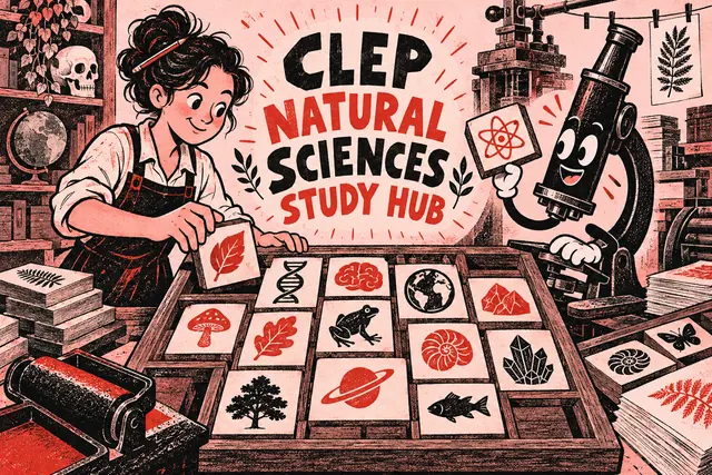CLEP NATURAL SCIENCES STUDY HUB — original handwritten comic illustration.