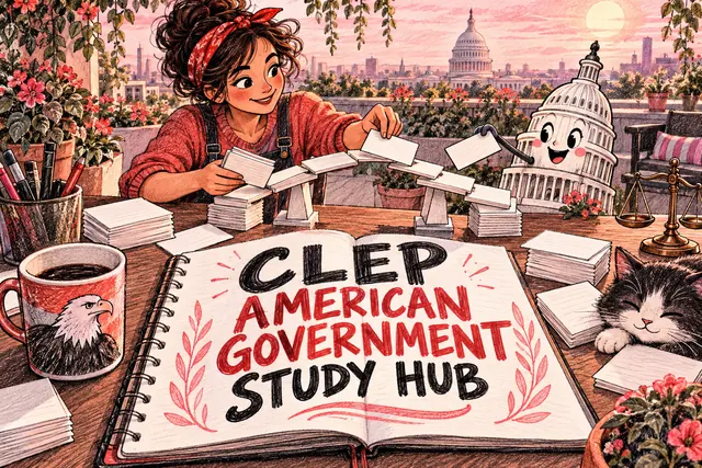 CLEP AMERICAN GOVERNMENT STUDY HUB — original handwritten comic illustration.
