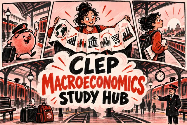 CLEP MACROECONOMICS STUDY HUB — original handwritten comic illustration.