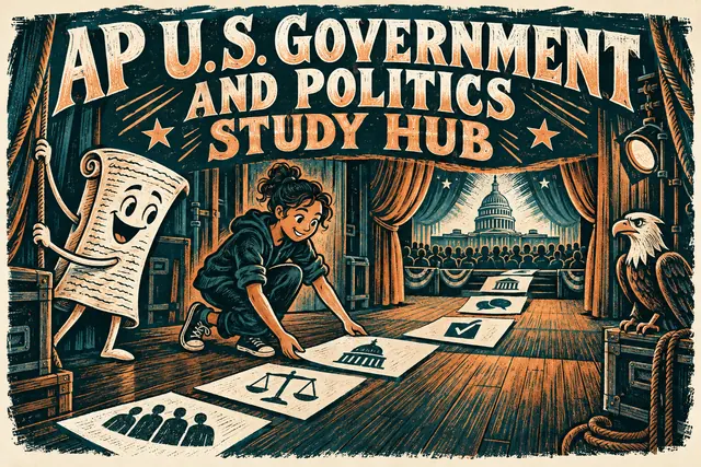 AP U.S. GOVERNMENT AND POLITICS STUDY HUB — original handwritten comic illustration.