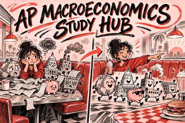 AP MACROECONOMICS STUDY HUB — original handwritten comic illustration.