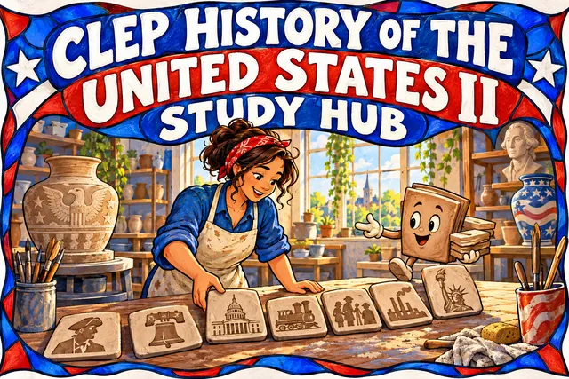 CLEP HISTORY OF THE UNITED STATES II STUDY HUB — original handwritten comic illustration.