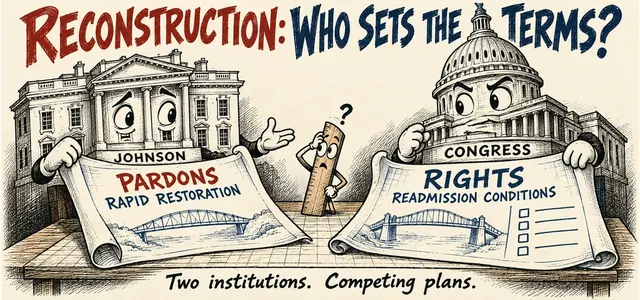 CLEP U.S. History I 103: Presidential and Congressional Reconstruction — approved existing illustration.