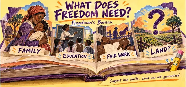 CLEP U.S. History I 104: Freedmen’s Bureau, Labor, Land, and Family — approved existing illustration.
