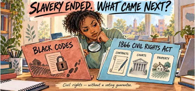 CLEP U.S. History I 105: Black Codes and the Civil Rights Act of 1866 — approved existing illustration.