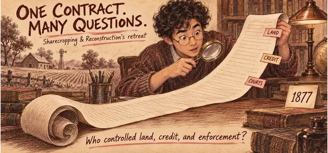 CLEP U.S. History I 109: Sharecropping, Courts, Northern Retreat, and 1877 — approved existing illustration.