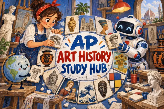 AP ART HISTORY STUDY HUB — original handwritten comic illustration.