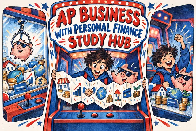 AP BUSINESS WITH PERSONAL FINANCE STUDY HUB — original handwritten comic illustration.