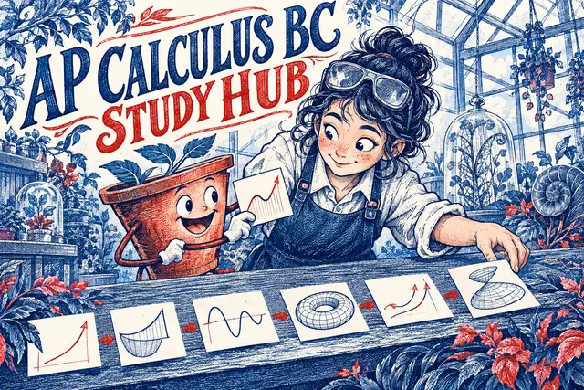 AP CALCULUS BC STUDY HUB — original handwritten comic illustration.