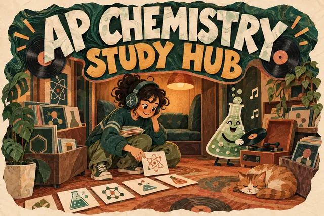 AP CHEMISTRY STUDY HUB — original handwritten comic illustration.