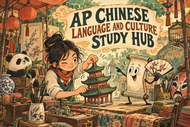 AP CHINESE LANGUAGE AND CULTURE STUDY HUB — original handwritten comic illustration.