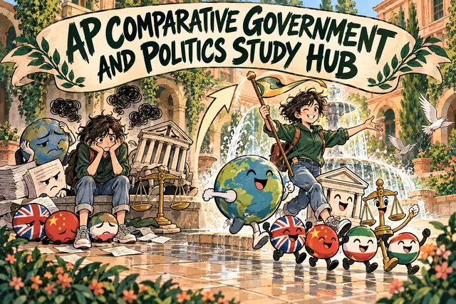 AP COMPARATIVE GOVERNMENT AND POLITICS STUDY HUB — original handwritten comic illustration.