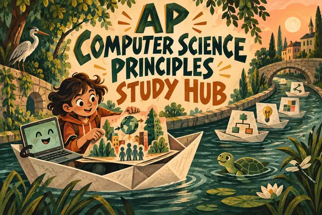 AP COMPUTER SCIENCE PRINCIPLES STUDY HUB — original handwritten comic illustration.