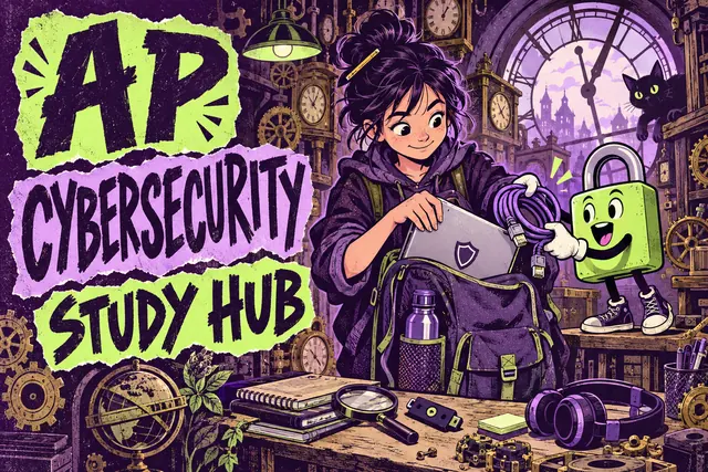 AP CYBERSECURITY STUDY HUB — original handwritten comic illustration.