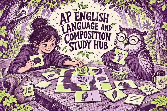 AP ENGLISH LANGUAGE AND COMPOSITION STUDY HUB — original handwritten comic illustration.
