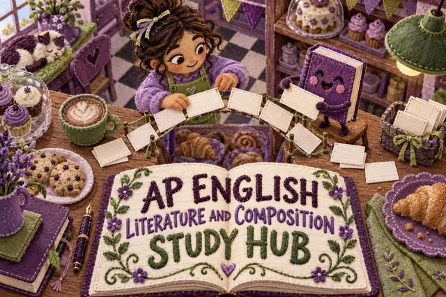 AP ENGLISH LITERATURE AND COMPOSITION STUDY HUB — original handwritten comic illustration.