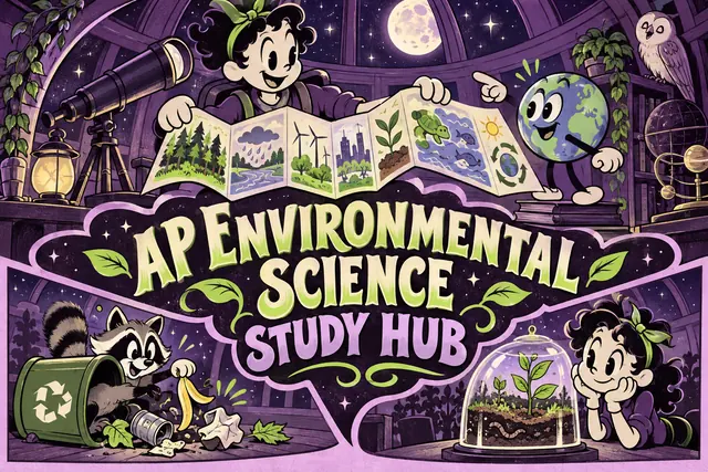 AP ENVIRONMENTAL SCIENCE STUDY HUB — original handwritten comic illustration.