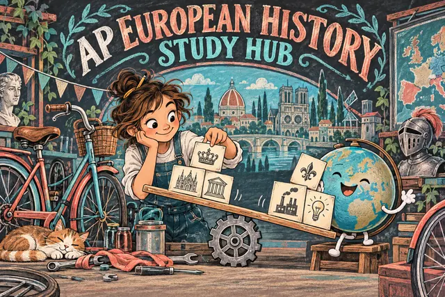 AP EUROPEAN HISTORY STUDY HUB — original handwritten comic illustration.