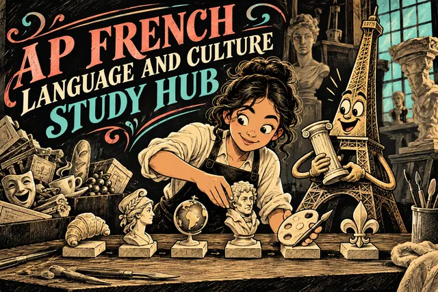 AP FRENCH LANGUAGE AND CULTURE STUDY HUB — original handwritten comic illustration.
