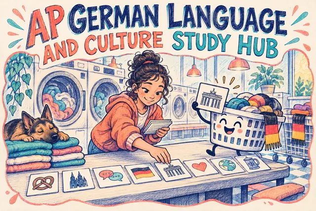 AP GERMAN LANGUAGE AND CULTURE STUDY HUB — original handwritten comic illustration.
