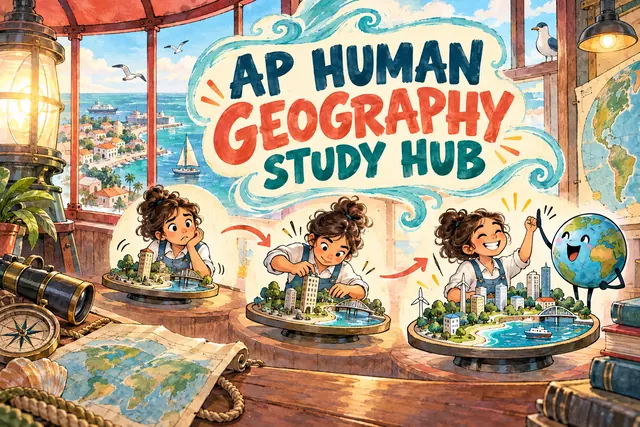 AP HUMAN GEOGRAPHY STUDY HUB — original handwritten comic illustration.