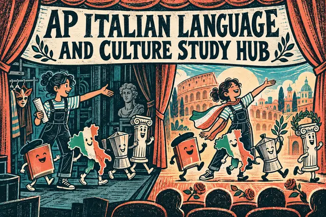 AP ITALIAN LANGUAGE AND CULTURE STUDY HUB — original handwritten comic illustration.