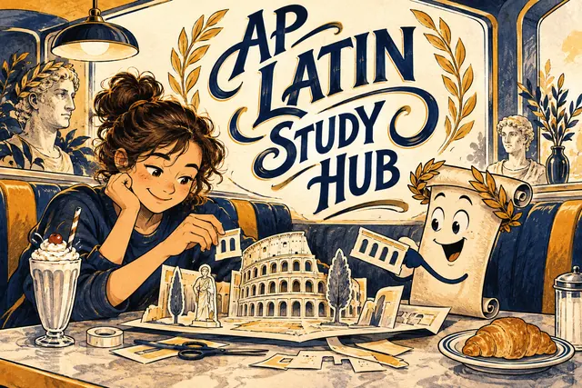 AP LATIN STUDY HUB — original handwritten comic illustration.