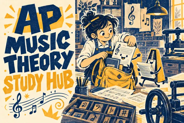 AP MUSIC THEORY STUDY HUB — original handwritten comic illustration.