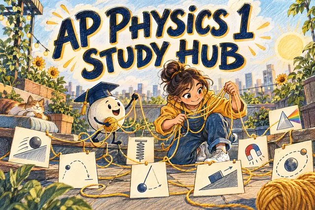AP PHYSICS 1 STUDY HUB — original handwritten comic illustration.
