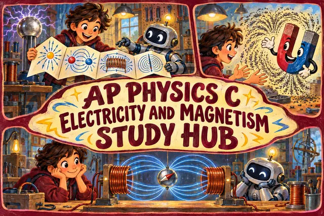 AP PHYSICS C ELECTRICITY AND MAGNETISM STUDY HUB — original handwritten comic illustration.