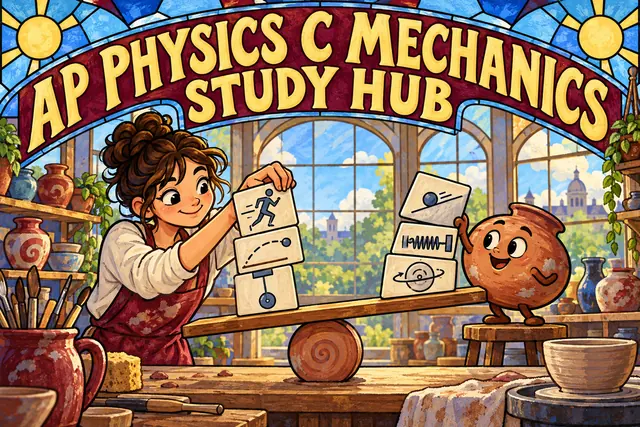 AP PHYSICS C MECHANICS STUDY HUB — original handwritten comic illustration.