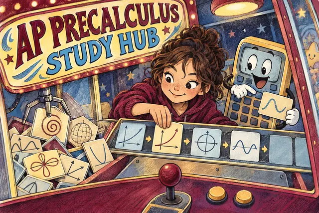 AP PRECALCULUS STUDY HUB — original handwritten comic illustration.