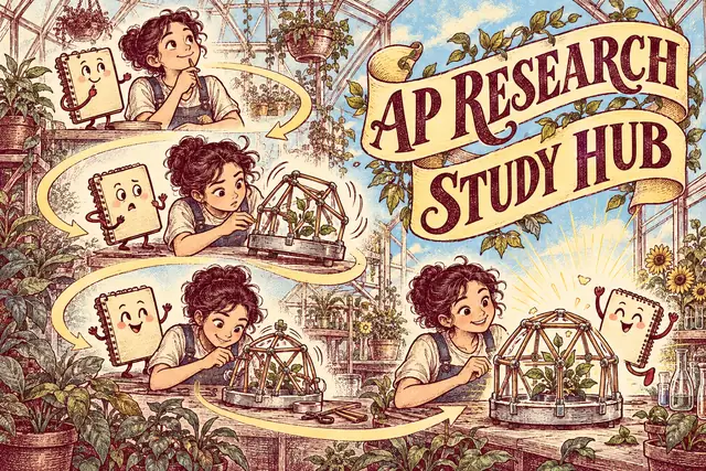 AP RESEARCH STUDY HUB — original handwritten comic illustration.