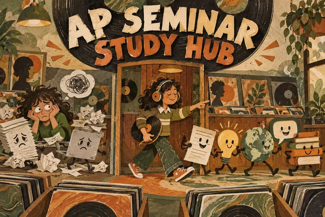 AP SEMINAR STUDY HUB — original handwritten comic illustration.