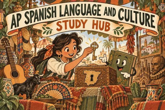 AP SPANISH LANGUAGE AND CULTURE STUDY HUB — original handwritten comic illustration.